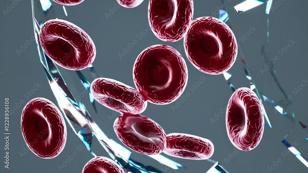 Poster a rotating 3d representation of blood cells suspended in a glass-like environment, symbolizing scien