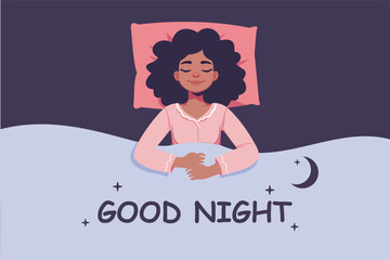 Sweet dreams banner. Happy young woman is fast asleep, having a good sleep. The girl lies in bed under a soft blanket and has a healthy sleep. Healthy sleep. Good night. Vector illustrration.