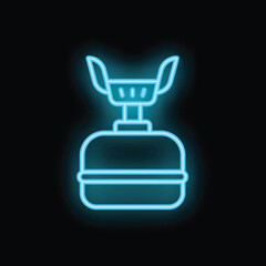 Blue neon sign depicting a camping stove, glowing on a black background