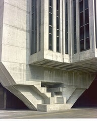 Fototapeta premium A concrete brutalist structure with angular designs and tall, narrow windows, AI generated