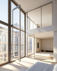Obraz premium Modern minimalist bedroom with large windows showcasing city views in daylight