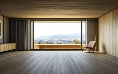 Modern living room with panoramic mountain view and warm wooden accents