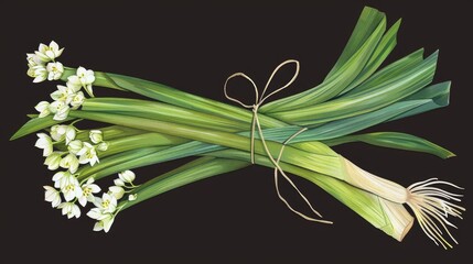 A bunch of leeks with white flowers tied together, vector illustration