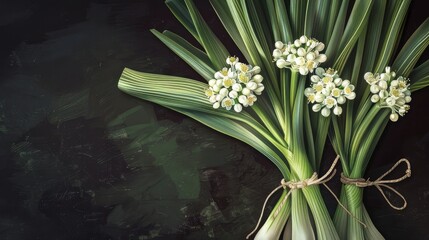A bunch of leeks with white flowers tied together, vector illustration