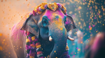 Majestic elephant celebrating holi festival with colorful powder and flowers