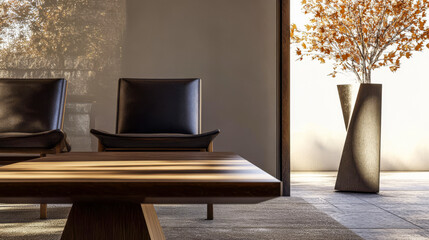 Elegant minimalist interior with modern furniture and natural light in a serene setting