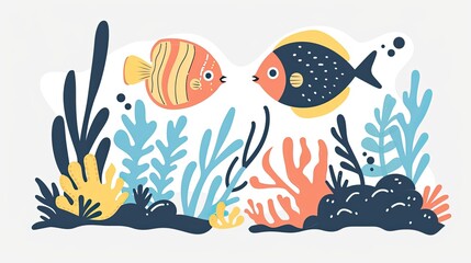 Fototapeta premium A cute little fish and coral reef, a simple flat illustration 