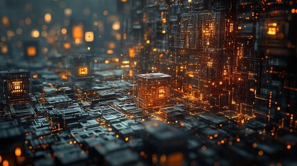 Blockchain representation with layered blocks and data symbols, set against dark digital space