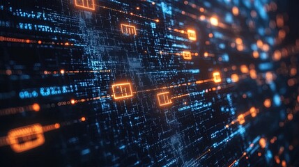 Fototapeta premium Blockchain representation with layered blocks and data symbols, set against dark digital space