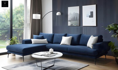 A modern living room with a navy blue textured wall, a sleek dark blue L-shaped sofa, decorative pillows, a white round coffee table with magazines, a tall floor lamp with a white shade