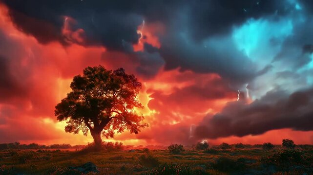 A lone tree stands against a breathtaking sky filled with fiery sunset hues and dark storm clouds, illuminated by striking bolts of lightning.