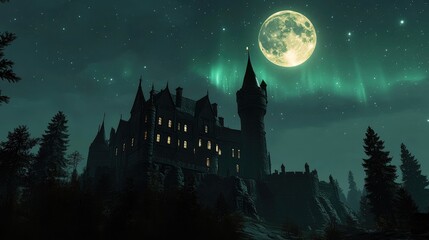 Fototapeta premium Majestic fairytale castle glowing under a full moon, with a magical aurora faintly glowing in the sky.