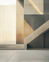 Modern architectural design featuring textured walls and angular stairs in soft light