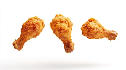 Crispy Fried Chicken Drumsticks in Air on White Background