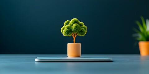 A small decorative tree in a pot placed on a laptop, with a blurred green background giving an artistic touch. Concept Decorative Tree, Laptop Aesthetics, Artistic Background, Green Blur Effect