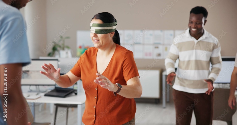 Aufkleber blindfold, team building and trust with business people in office for communication skills developme