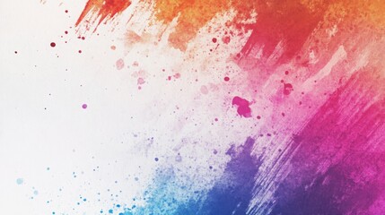 Bright, energetic watercolor splatters combined with jagged scratch marks, set against a textured halftone background in ash white, leaving central space for copy.