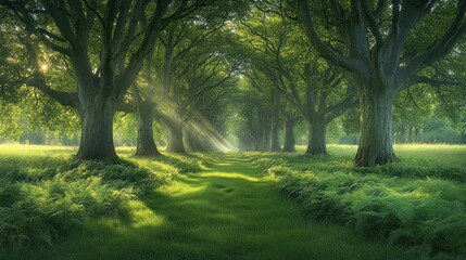Obraz premium Sunbeams illuminate a path through a lush green forest with tall trees and ferns.