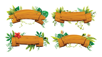 Fototapeta premium Variety of wooden banners with plants and tropical plants, perfect for nature themed decorations. Vector cartoon illustration