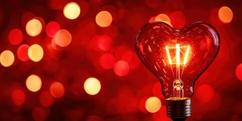 Red heart is lit up inside a light bulb