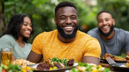 Friends sharing laughter over communal meal outdoor garden lifestyle