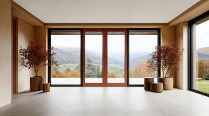 Modern interior with large windows showcasing a serene mountain view during daytime