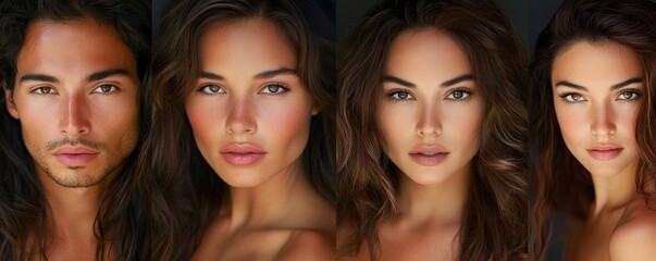 Obraz premium four close-up portraits of people with different skin tones and eye colors. The focus is on their faces, which convey a mix of confidence and vulnerability