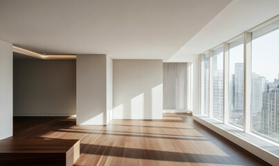 Modern empty apartment with large windows showcasing city skyline during the day