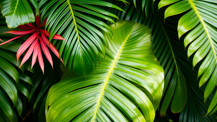 Monstera and palm leaves jungle texture