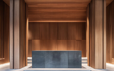 Minimalist interior design featuring wooden elements and a stone reception desk
