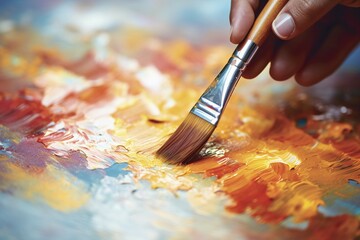 Obraz premium Hand holding paint brush with canvas with oil paint. KI generiert, generiert, AI generated