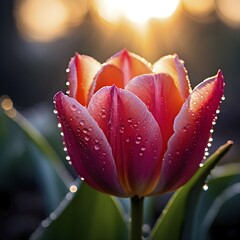 Fototapeta premium Raindrops glistening on the vibrant petals of tulips, AI generated