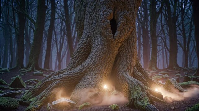 An ancient tree with exposed roots, softly pulsating with light from within, surrounded by mysterious runic symbols etched on stones.
