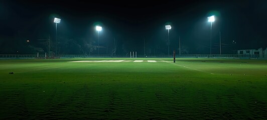 Cricket field at night with lights and neon fog cricket world cup