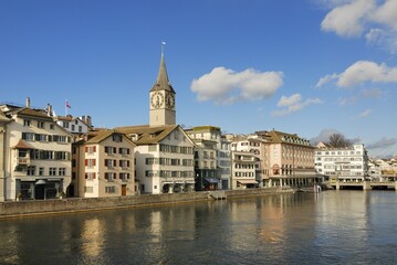 Zuerich - houses in the old town at the Limmatquai - Switzerland, Europe.