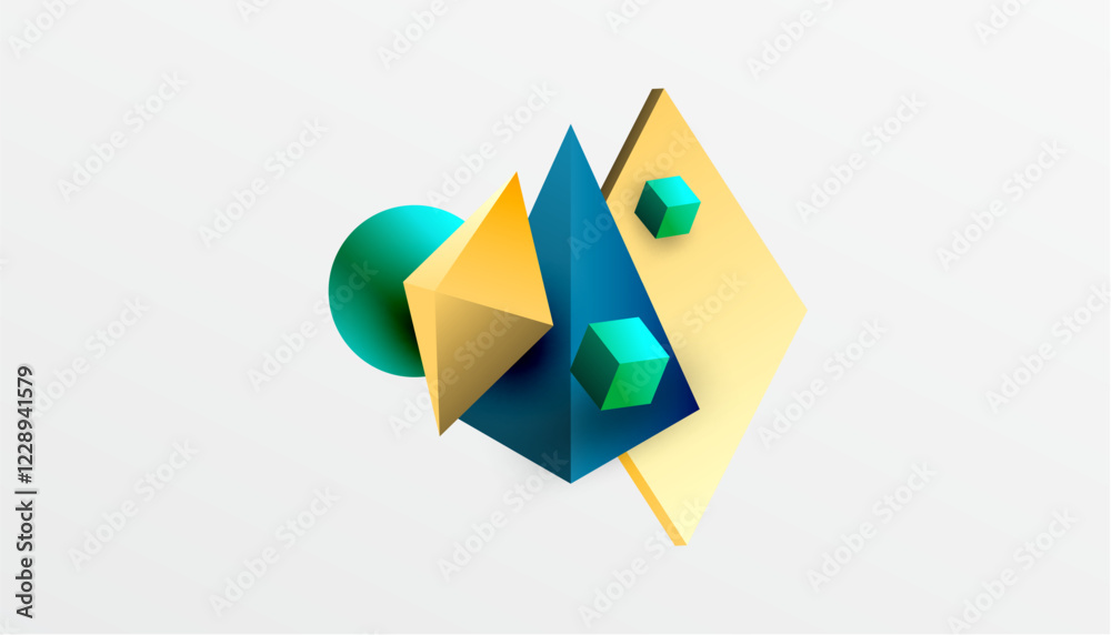 Poster abstract design showcasing isometric cubes, pyramids, squares, and spheres in a vibrant 3d layout. m