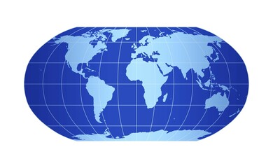 Blue world map, Robinson projection, with grid lines on white backdrop, 3D illustration