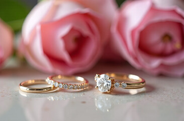 Gold Wedding Rings with Diamonds on White Surface Surrounded by Blooming Pink Roses