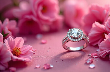 Gold Wedding Rings with Diamonds on White Surface Surrounded by Blooming Pink Roses