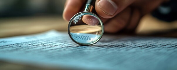 a hand holding a magnifying glass over a document. The image evokes a sense of meticulousness, detail-oriented investigation, and careful analysis, ideal for representing concepts of research.