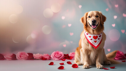 Golden Retriever dog, with a soft fluffy coat and a Valentine&rsquo;s bandana, sits on the right, radiating warmth, with a pastel colored background.  Leaving space for text on the left side of the banner