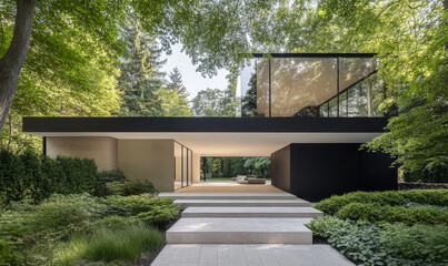 Modern architectural masterpiece surrounded by lush greenery in serene natural setting