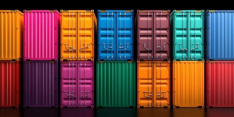 Fototapeta premium A vibrant array of shipping containers in various colors arranged in a grid pattern against a dark background. Concept Colorful Shipping Containers, Grid Pattern Art, Vibrant Urban Aesthetics