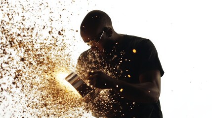 An American metal fabricator shaping metal parts, sparks flying, isolated on a clean white backdrop,