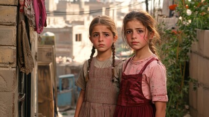 Two Young Girls Stand Together in an Urban Alleyway Showing Resilience