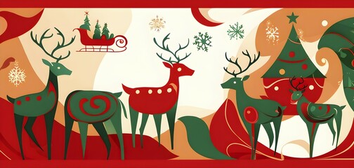 Naklejka premium Whimsical abstract scene with stylized reindeer and sleighs to capture the magic of Christmas, AI generated