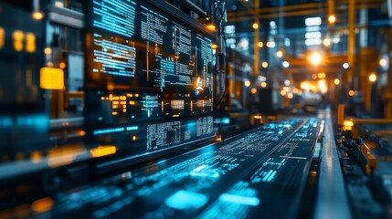 futuristic server room with glowing digital displays. The image depicts a modern data center with complex technological infrastructure