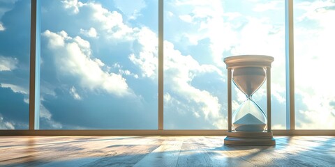 Sand timer is sitting on a wooden table