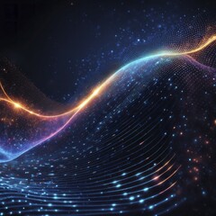 Obraz premium Neon blue and orange waves with glowing lines and sparkles against a dark background, AI generated