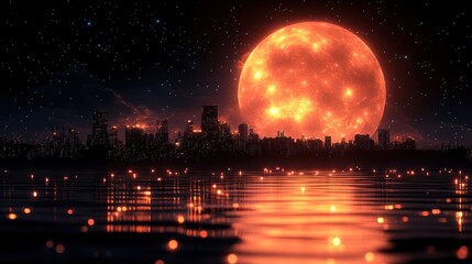 Obraz premium Fiery moon over city, night, reflection, fantasy, artwork